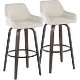 Daniella 30" Swivel Bar Stool in Walnut Glazed Wood & Cream Fabric with Black Footrest (Set of 2)
